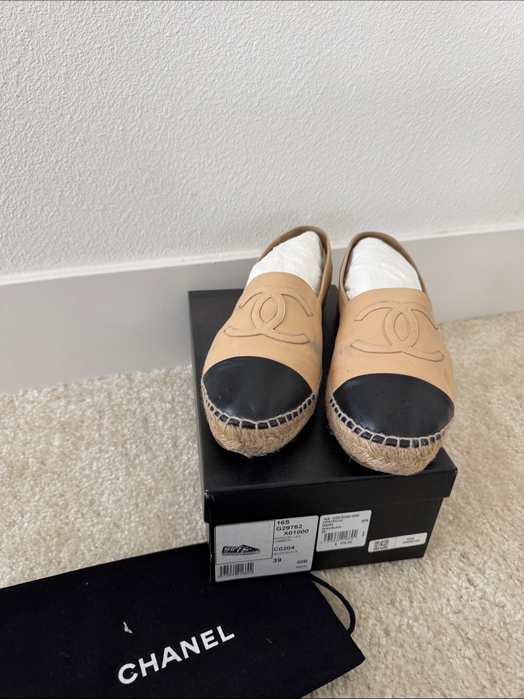 Authentic Chanel Beige Leather Espadrilles With Black Toe Caps